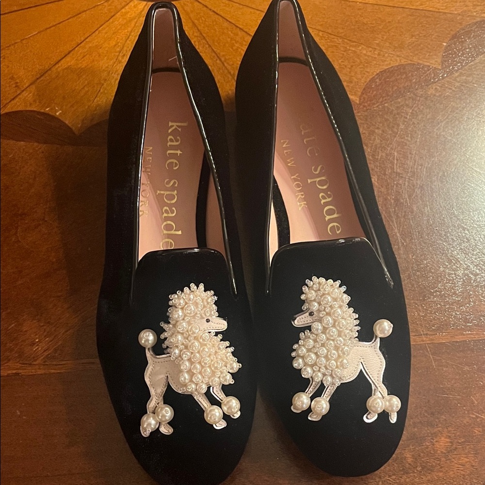 Kate Spade Black Flats with Pearl Poodle Accent and matching hat